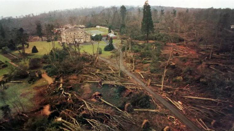 Aerial shot from 1987 of dozens of trees down at Emmetts Garden in Kent