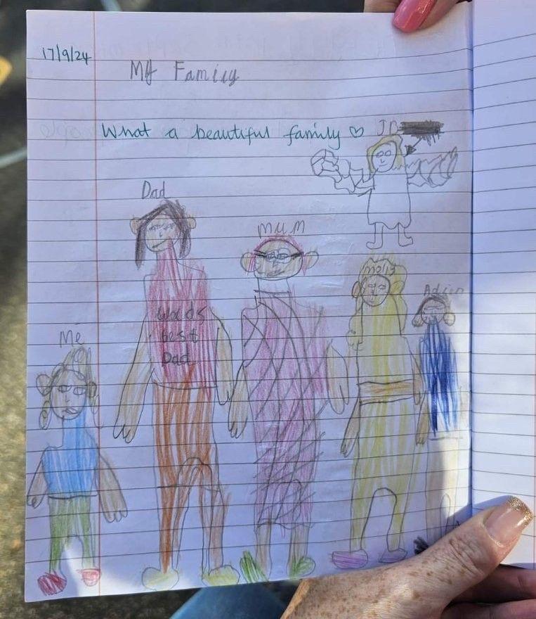 A hand-drawn child's picture of a family including a baby in heaven