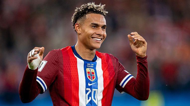 Norway's Antonio Nusa celebrates after scoring against Israel in a World Cup qualifier against Oslo in October 2025