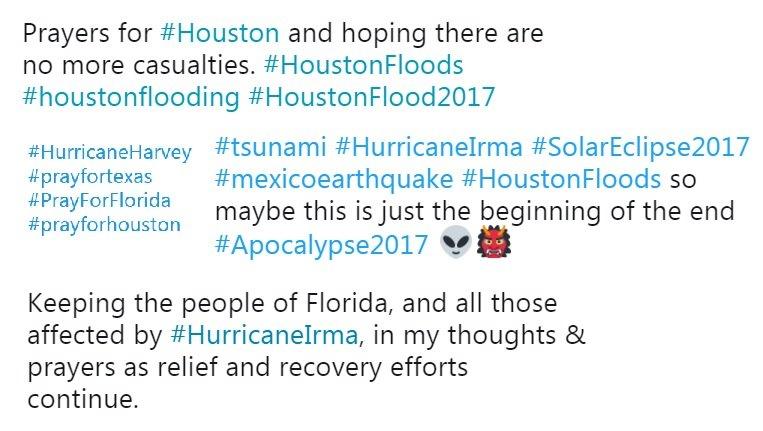 A selection of tweets with hashtags such as #HurricaneIrma and #PrayforHouston that offer little useful information