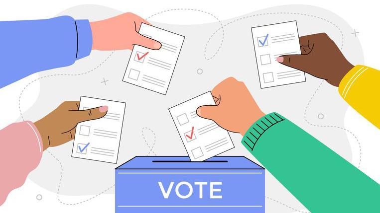 Illustration of many hands of different people putting a ballot into a ballot box. 