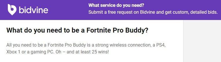 Bidvine advertises for Fortnite pro-game buddies