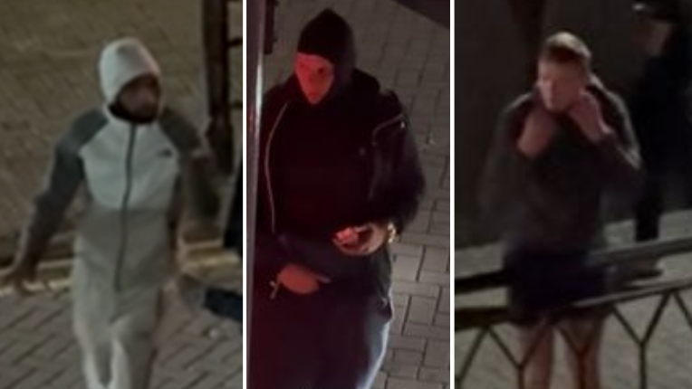 Picture collage of three men taken on CCTV - the first man on the left is wearing a grey hoodie and joggers; the second is wearing dark clothing including what appears to be a balaclava; the third is wearing shorts and a dark coloured top  and has his hands near his collar.