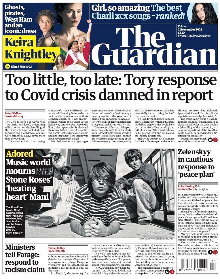 The headline on the front page of the Guardian reads: “Too little, too late: Tory response to Covid crisis damned in report”.