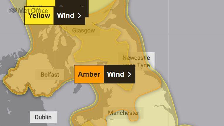 A map shows a large area of northern England that is covered by the Met Office's amber weather warning for Friday. It includes Derbyshire, Darlington, Durham, Gateshead, Hartlepool, Middlesbrough, Newcastle-upon-Tyne, North Tyneside, Northumberland, Redcar and Cleveland, South Tyneside, Stockton-on-Tees, Sunderland, Blackburn with Darwen, Blackpool, Cumbria, Greater Manchester, Lancashire, and Merseyside.