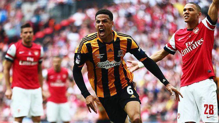 Curtis Davies celebrates scoring against Arsenal in the FA Cup final at Wembley