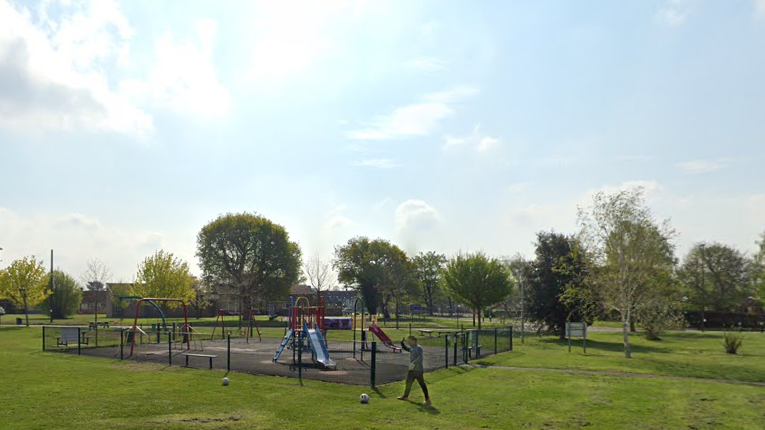 A play area with slides and swings is fenced off from green park grounds which are lined by trees.