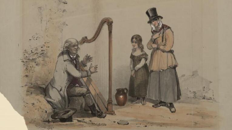 Dyn yn canu'r delyn, merch a dynes yn gwrando