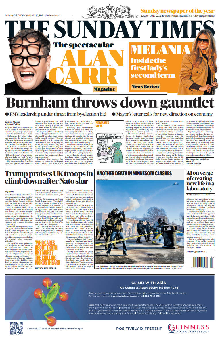 "Burnham e hedh dorën në provë", shkruan titulli në faqen e parë të Sunday Times.