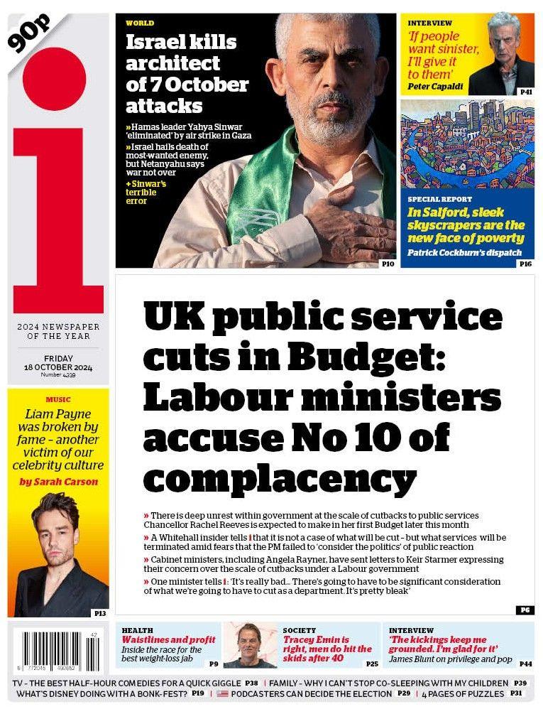 The front page of the i, headlined with "UK public service cuts in budget: Labour ministers accuse No 10 of complacency." 