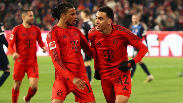 Jamal Musiala celebrates scoring for Bayern Munich against Heidenheim