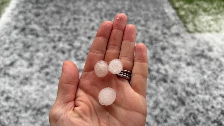 A woman's hand holding hail which is about the size of a marble.