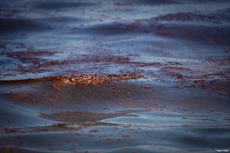 Oil from the Deepwater Horizon oil spill is visible near the beach on Barataria Bay, Louisiana