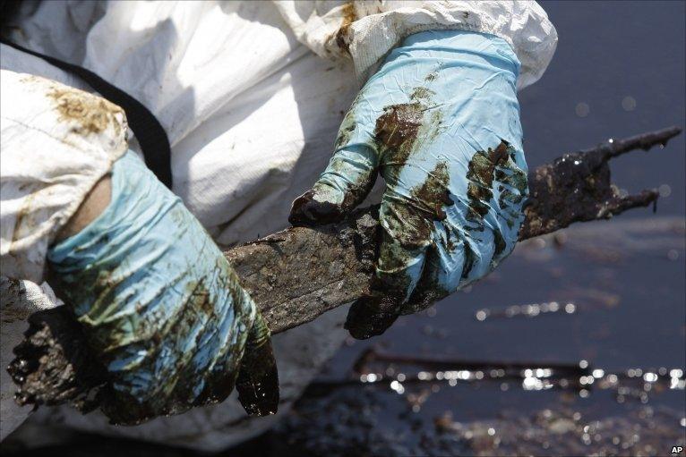 A worker's oil-stained gloves are seen as the worker tries to remove oil washed ashore from the Deepwater Horizon spill
