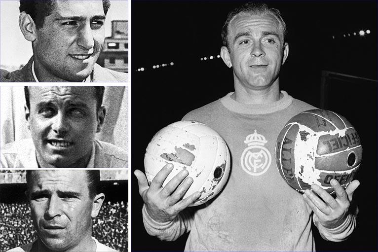 Left, top to bottom: Real Madrid legends Francisco Gento, Raymond Kopa and Ferenc Puskas. Main image: Alfredo di Stefano