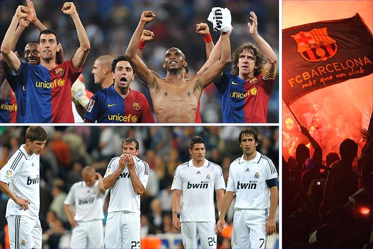 Barcelona's players celebrate; Real's are left stunned; Barca fans go wild in the Bernabeu