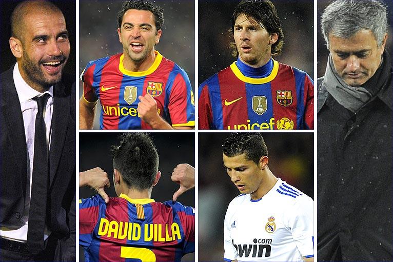 Barca coach Pep Guardiola celebrates along with Xavi, Lionel Messi and David Villa, but it was a bad night for Cristiano Ronaldo and Jose Mourinho