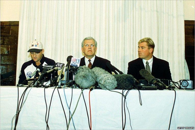 From left: Mark Waugh, then Australia Cricket Board chief executive Malcolm Speed, Shane Warne