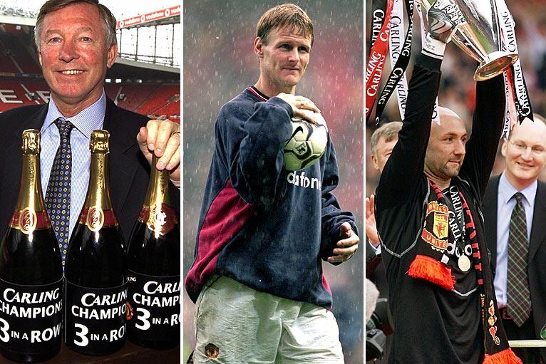 Sir Alex Ferguson, Teddy Sheringham, and Fabien Barthez