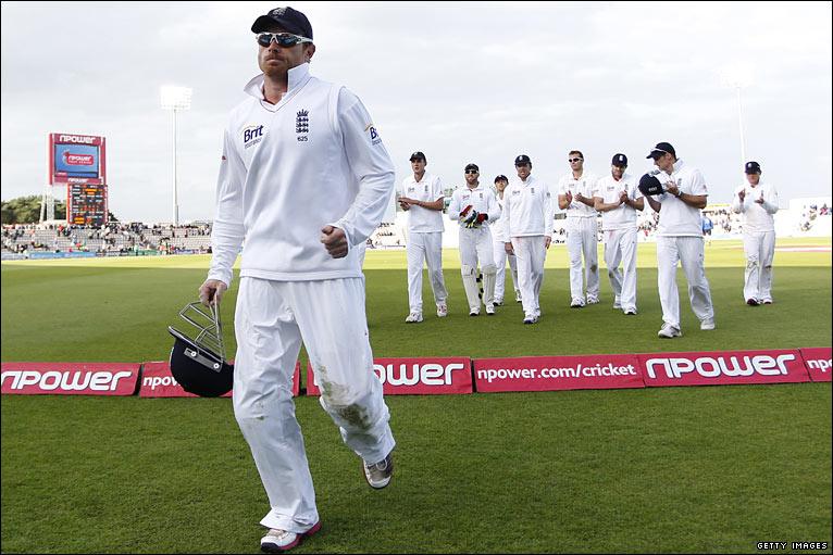 Ian Bell leaves the field at the close of play