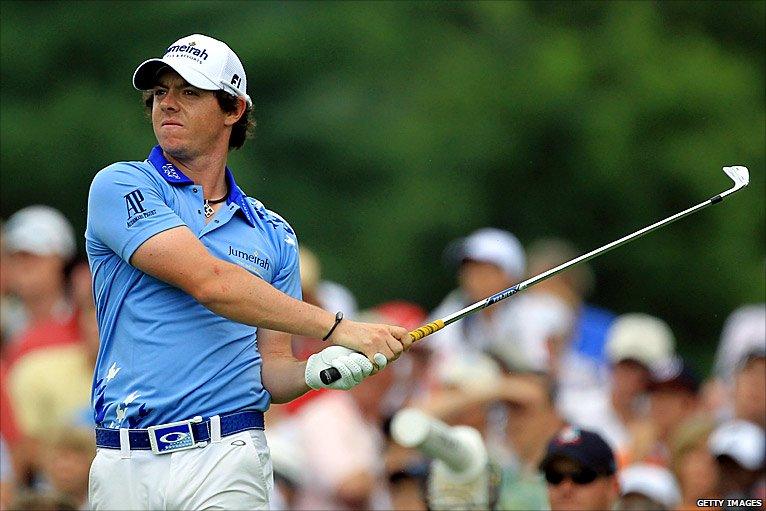 Rory McIlroy hits his tee shot on the second