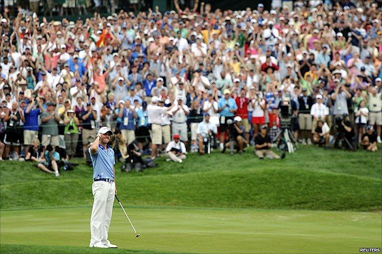 Rory McIlroy celebrates winning the US Open