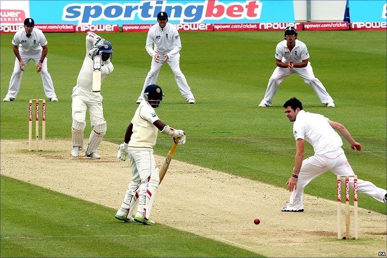 Kumar Sangakkara drives James Anderson down the ground