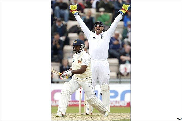 Matt Prior appeals for the wicket of Rangana Herath