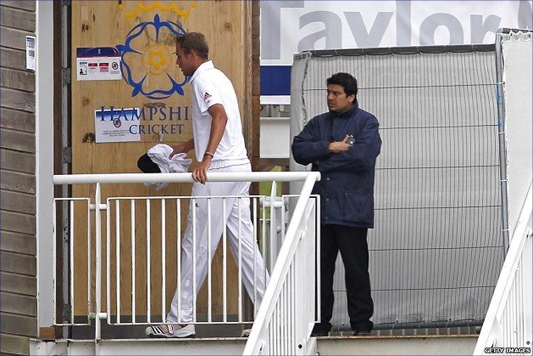 Stuart Broad leaves the field