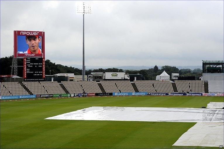 Rain falls at the Rose Bowl