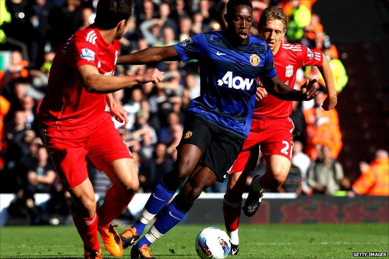 Danny Welbeck runs at the Liverpool defence