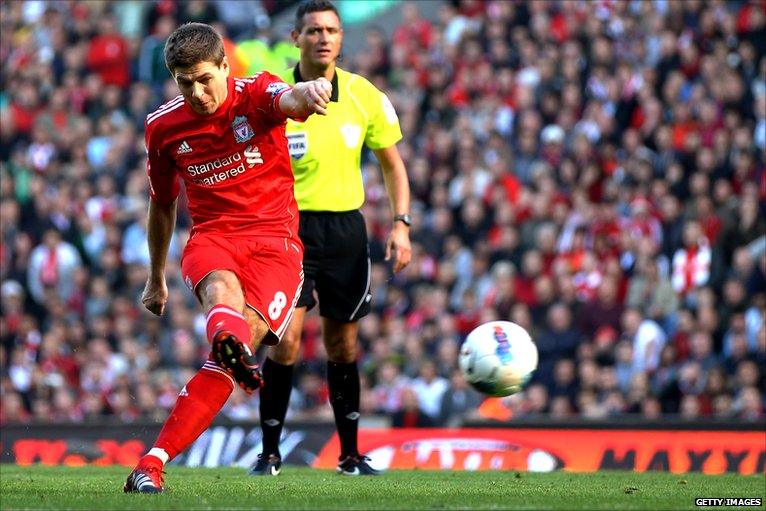 Steven Gerrard of Liverpool takes a free-kick