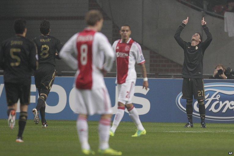 Jose Callejon (right) scores for Real Madrid against Ajax