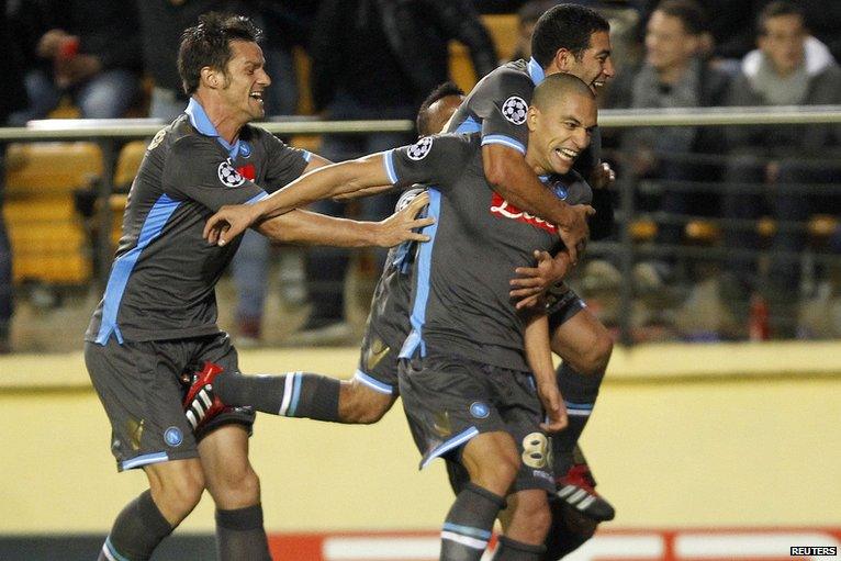 Gokhan Inler scores the first goal for Napoli