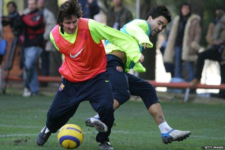 Messi trains at La Masia with team-mate Deco