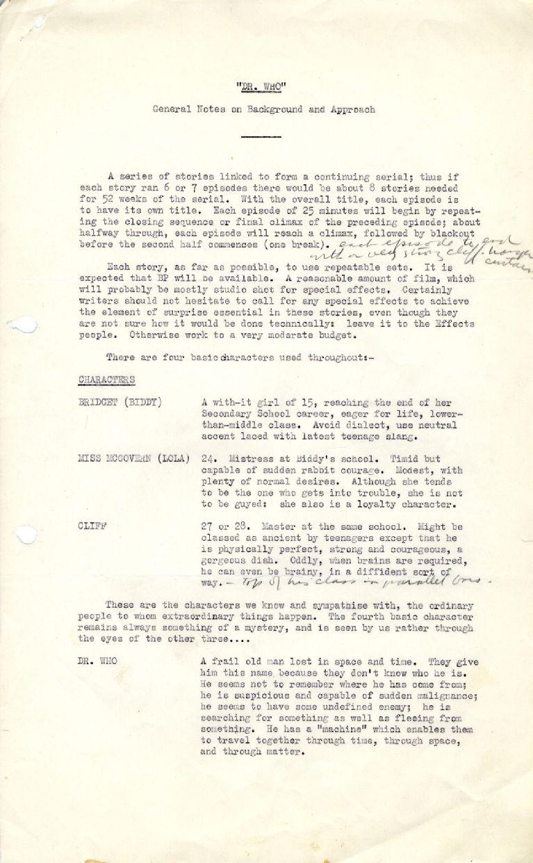 Document from the ˿ Written Archive proposing the background story and characters for Doctor Who