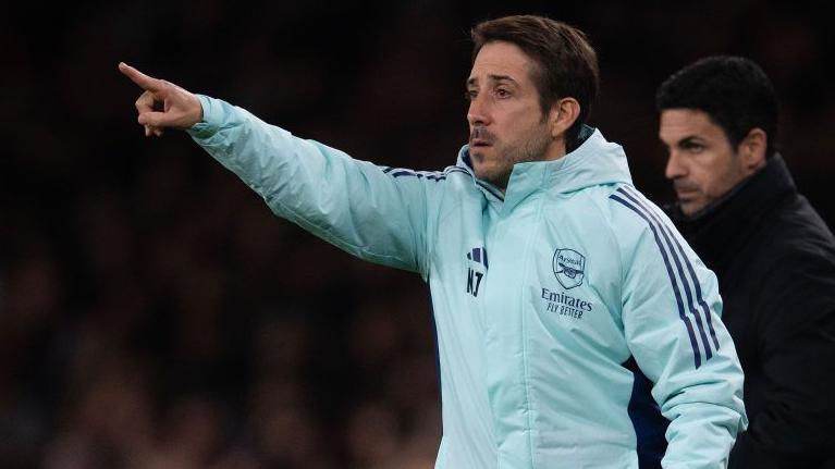 Nicolas Jover, Arsenal set-piece coach, points from the touchline