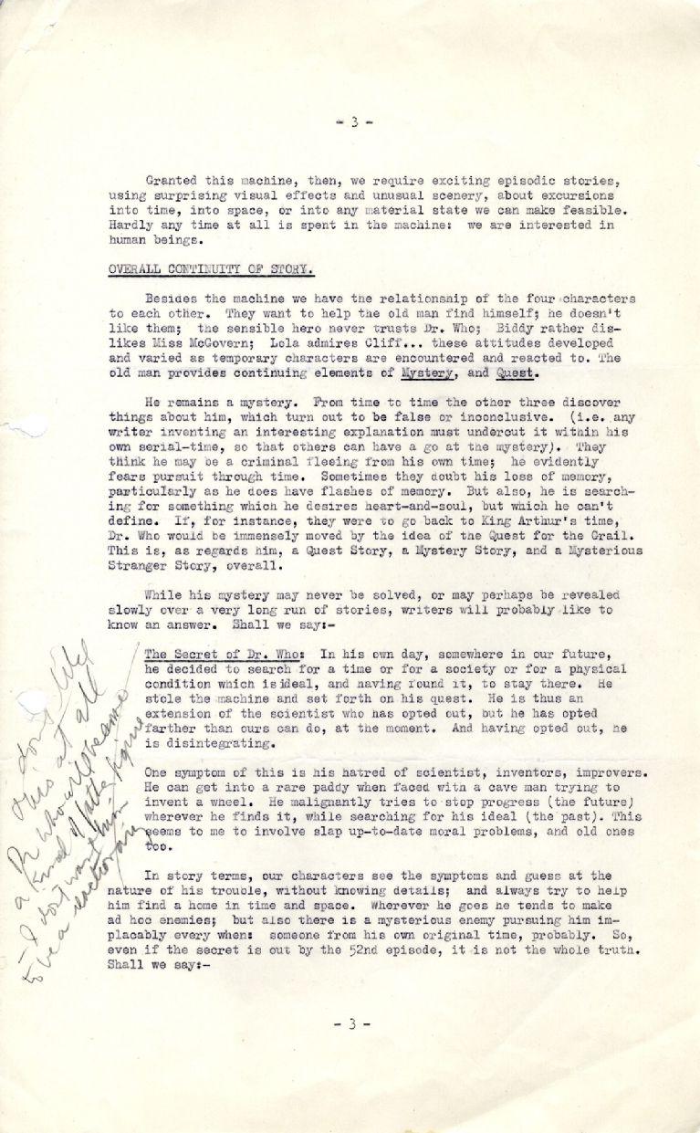 Document from the ˿ Written Archive proposing the background story and characters for Doctor Who