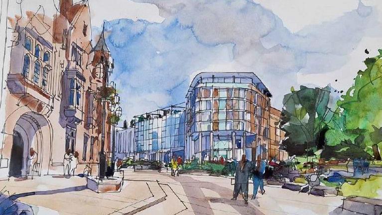 An artist's impression, created in what appears of be watercolours, of an urban street. It is lines on both sides with buildings and people are walking along what seems to be a pedestrianised area. There are also trees at the edge of the picture.