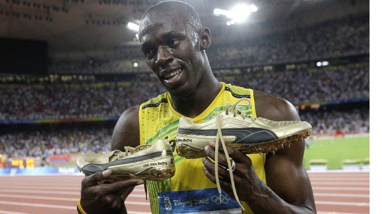 Usain Bolt celebrating Olympic Gold in the 100 metre sprint in Beijing in 2008 in Puma shoes