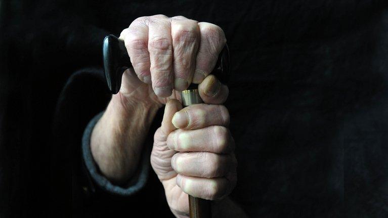 Elderly person holding a walking stick