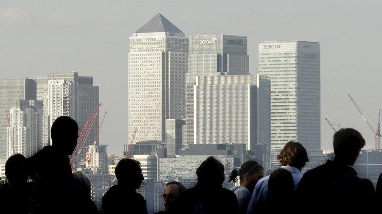 Skyline of investment banks at Canary Wharf in London