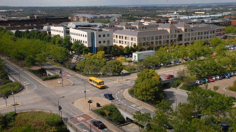 The centre of the Milton Keynes showing the junction of Midsummer Boulevard and Witan Gate