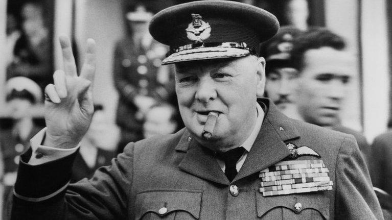 Winston Churchill giving the v-sign in 1948