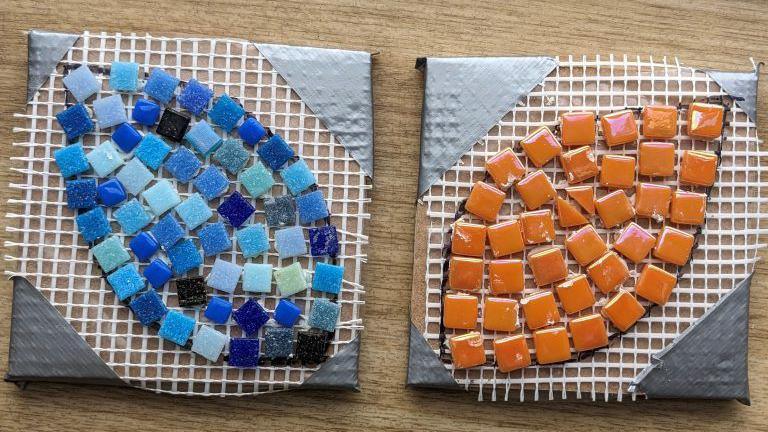 A two blue and orange mosaic leaves created to be apart of the mosaic tree community project