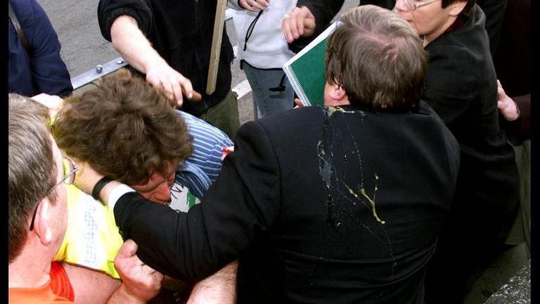 John Prescott involved in a scuffle with a protester who cracked an egg on him in Rhyl, Denbighshire, during the 2001 general election 