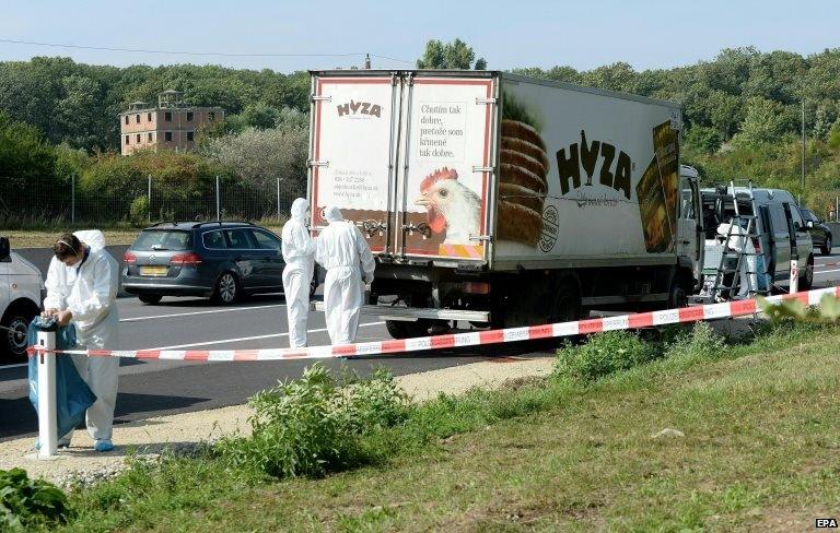 Forensic experts investigate a truck in which refugees were found dead as it stands on A4 between Parndorf and Neusiedl, Austria, 27 August 2015