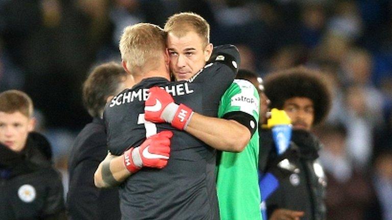 Joe Hart hugs Kasper Schmeichel