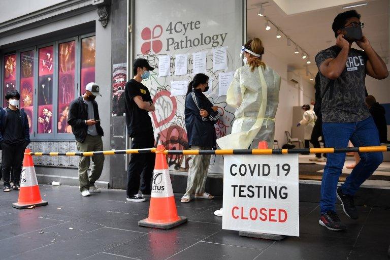 People queue for Covid tests n Melbourne, Australia.