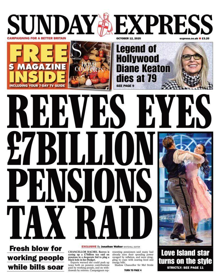 The headline on the front page of the Sunday Express reads: "Reeves eyes £7 billion pensions tax raid."